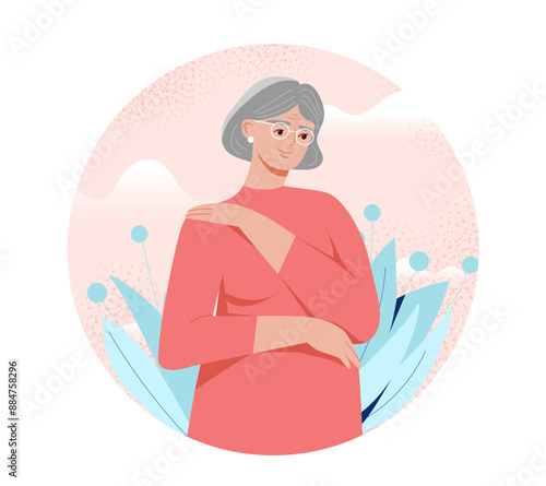 Self love senior concept. Elderly woman hugs herself. High selfesteem and selfacceptance. Positive feelings and emotions. Psychological and mental health. Flat vector illustration