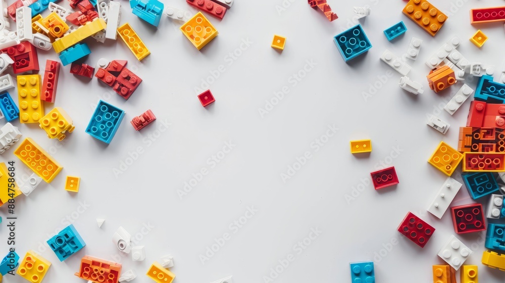 White background with white space in the center of the picture. A bunch of colorful bricks are scattered around. The colorful world of bricks: Diversity and unique charm White background with white space in the center of the picture. A bunch of colorful bricks are scattered around. The colorful world of bricks: Diversity and unique charm