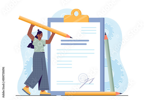 Woman signing contract. Woman with pen near document and agreement. Job offer for candidate at vacancy. Headhunting and recruitment. Flat vector illustration isolated on white background