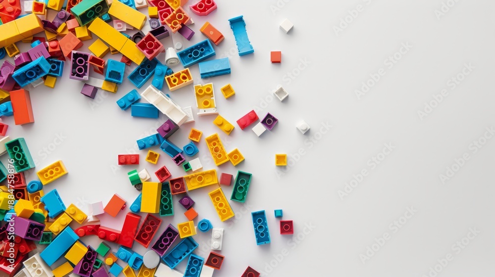 White background with white space in the center of the picture. A bunch of colorful bricks are scattered around. The colorful world of bricks: Diversity and unique charm White background with white space in the center of the picture. A bunch of colorful bricks are scattered around. The colorful world of bricks: Diversity and unique charm