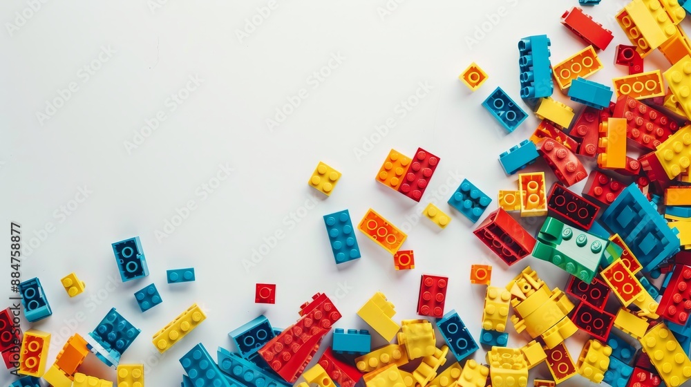 White background with white space in the center of the picture. A bunch of colorful bricks are scattered around. The colorful world of bricks: Diversity and unique charm White background with white space in the center of the picture. A bunch of colorful bricks are scattered around. The colorful world of bricks: Diversity and unique charm