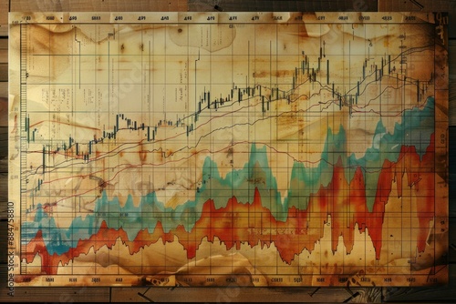 Aged paper with detailed financial analysis charts overlaid on rustic wood texture