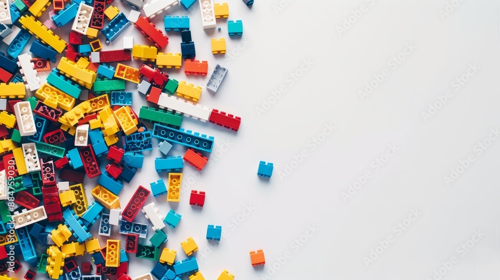 White background with white space in the center of the picture. A bunch of colorful bricks are scattered around. The colorful world of bricks: Diversity and unique charm White background with white space in the center of the picture. A bunch of colorful bricks are scattered around. The colorful world of bricks: Diversity and unique charm