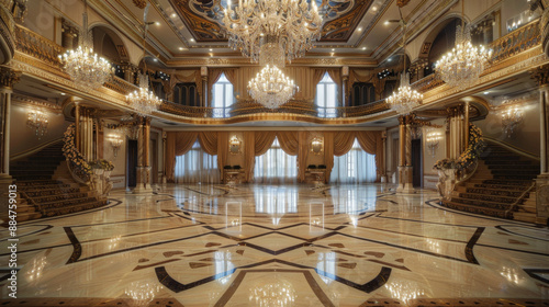 A grand, opulent ballroom with chandeliers, polished floors, and ornate decorations. Include elements like draped curtains, large mirrors, and a grand staircase to enhance the luxurious ambiance.  photo