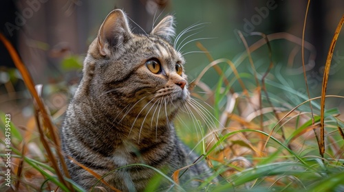Scottish Fold cat portrait with a defocused background, highlighting its unique and charming features