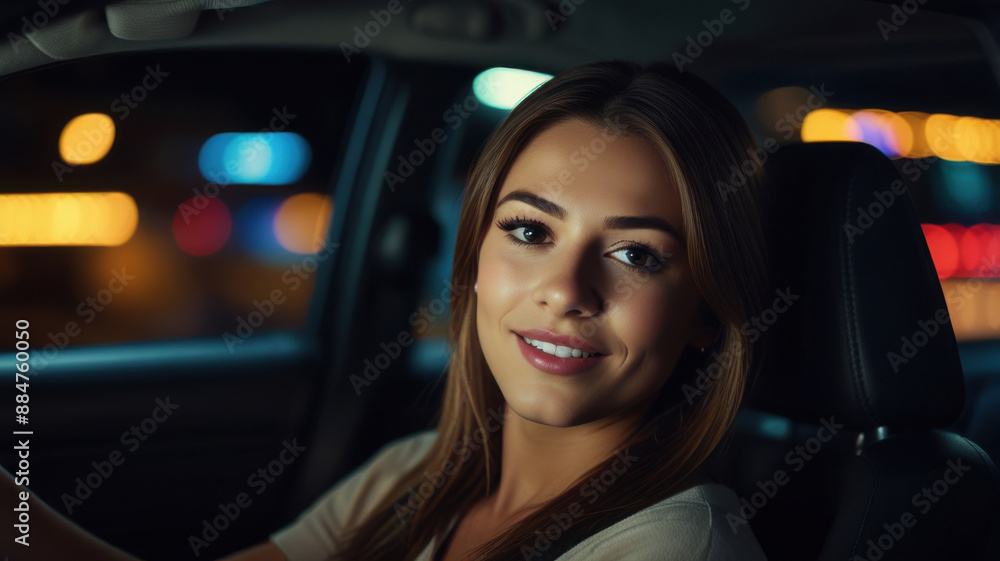 A young woman driving a car through a city at night A young woman driving a car through a city at night
