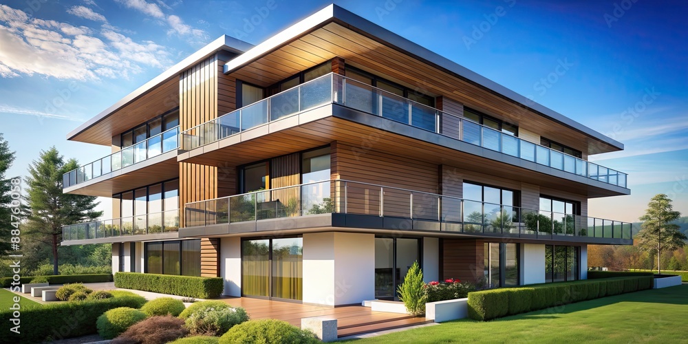 Modern flat house with cantilevered balconies, architecture, contemporary, design, building, structure, exterior Modern flat house with cantilevered balconies, architecture, contemporary, design, building, structure, exterior