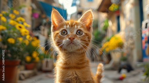 Fototapeta Naklejka Na Ścianę i Meble -  Street cats with pleading eyes, begging for a ride on the bustling streets of Corfu, Greece, capturing a scene of both hope and desperation