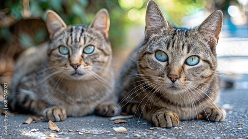 Fototapeta Naklejka Na Ścianę i Meble -  Street cats with pleading eyes, begging for a ride on the bustling streets of Corfu, Greece, capturing a scene of both hope and desperation