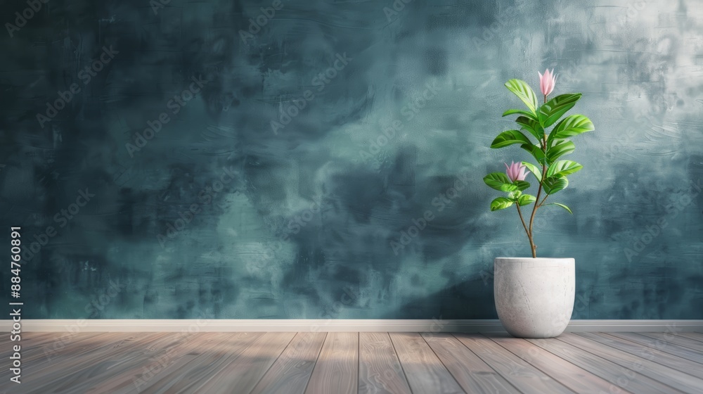 Potted Plant Against Blue Textured Wall Potted Plant Against Blue Textured Wall