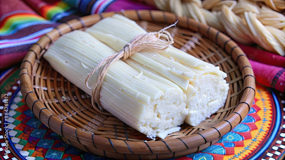 Obraz premium Stringy and stretchy Oaxaca cheese, also known as Quesillo, traditional Mexican string cheese, Oaxaca cheese