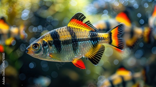 Tropical aquarium fish tank with colorful tiger barbs, creating an underwater paradise