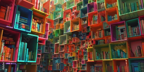 Vibrant Bookshelf Filled with Knowledge and Wisdom Celebrating World Book Day. 4K High-Resolution AI-Generated Image Emphasizing the Power of Reading and Cognitive Exploration. © Da