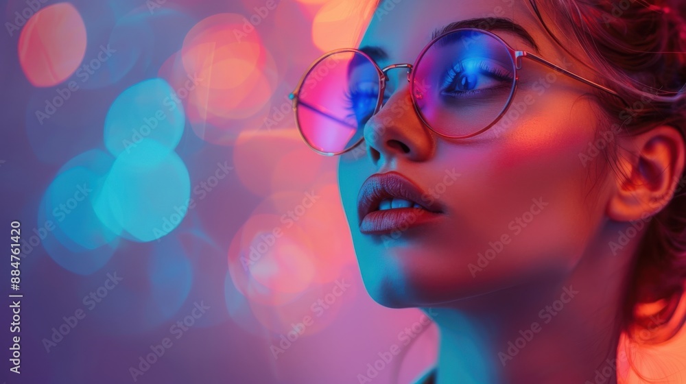 A modern beauty blogger demonstrating makeup techniques with a vibrant digital background A modern beauty blogger demonstrating makeup techniques with a vibrant digital background
