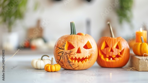 Pumpkin carving contest with creative designs, Halloween, artistic expression photo