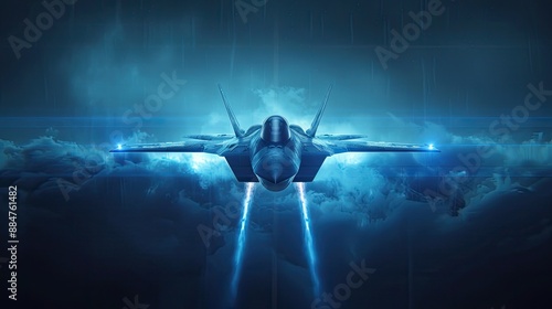Hologram of a fighter flying in the sky on the dark blue background.
