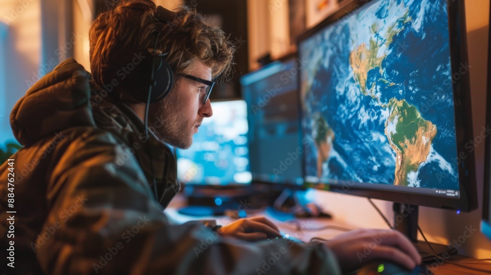 Fototapeta premium A scientist studying climate data on a computer screen, analyzing global warming patterns.