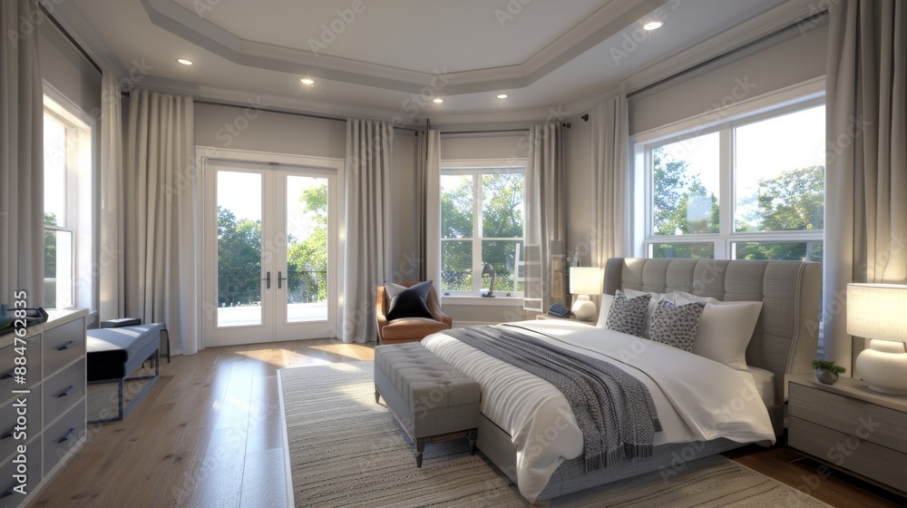 A spacious master bedroom suite with a walk-in closet, sitting area, and large windows. A spacious master bedroom suite with a walk-in closet, sitting area, and large windows.