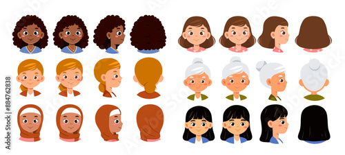 Set of women heads. Pictures for users avatar in social networks. Communication online. Different young girls profiles in messengers. Flat vector collection isolated on white background