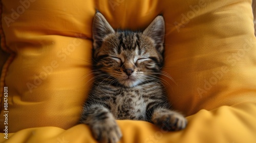 Kitten sleeping on a bright yellow pillow, captured from a top view angle, evoking warmth and comfort