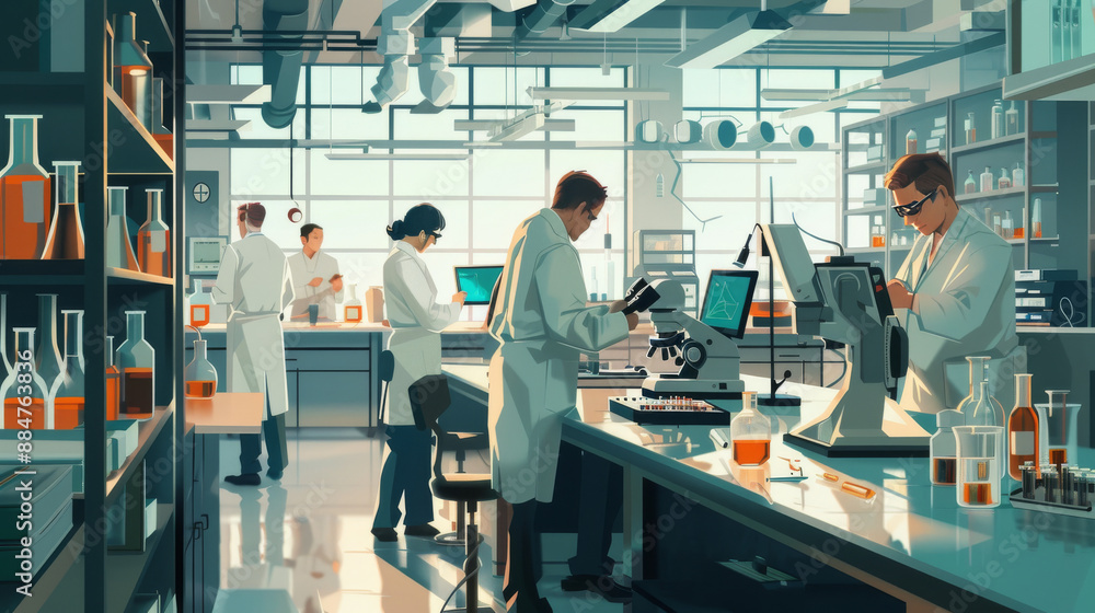Fototapeta premium A modern, well-equipped laboratory with scientists working on experiments. Include lab equipment such as microscopes, test tubes, beakers, computers, and specialized instruments. 