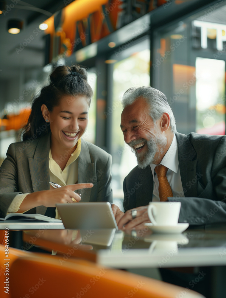 Business colleagues sharing a laugh over a tablet. Male executive and young female employee. Business colleagues sharing a laugh over a tablet. Male executive and young female employee.