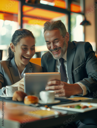 Business colleagues sharing a laugh over a tablet. Male executive and young female employee.