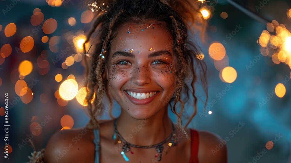 Joyful woman with a radiant smile, adorned with glitter, standing against a festive backdrop of warm bokeh lights. Joyful woman with a radiant smile, adorned with glitter, standing against a festive backdrop of warm bokeh lights.