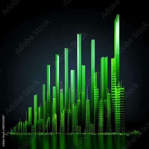 a cluster of green buildings dominating the skyline against a black background. © rabia