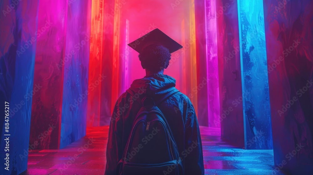 A student wearing a graduation cap and backpack stands in a colorful, neon-lit corridor, symbolizing future opportunities and success. A student wearing a graduation cap and backpack stands in a colorful, neon-lit corridor, symbolizing future opportunities and success.