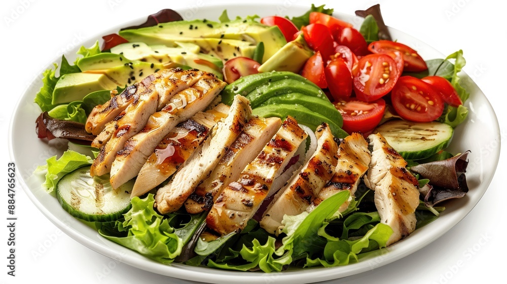a salad with grilled chicken and avocado, healthy meal, photorealistic, colorful, isolated on white background a salad with grilled chicken and avocado, healthy meal, photorealistic, colorful, isolated on white background