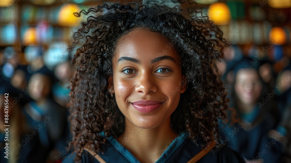 Confident graduate smiles at camera with fellow graduates in the background, celebrating academic achievement in a library setting. Confident graduate smiles at camera with fellow graduates in the background, celebrating academic achievement in a library setting.