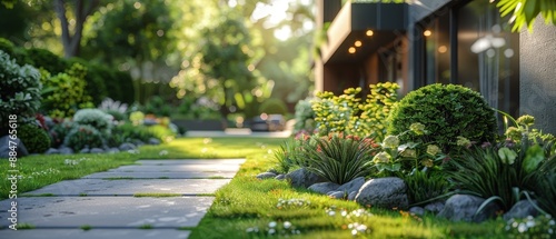 Wallpaper Mural A beautiful modern garden with lush greenery and a walking path leading to a contemporary house bathed in sunlight. Torontodigital.ca