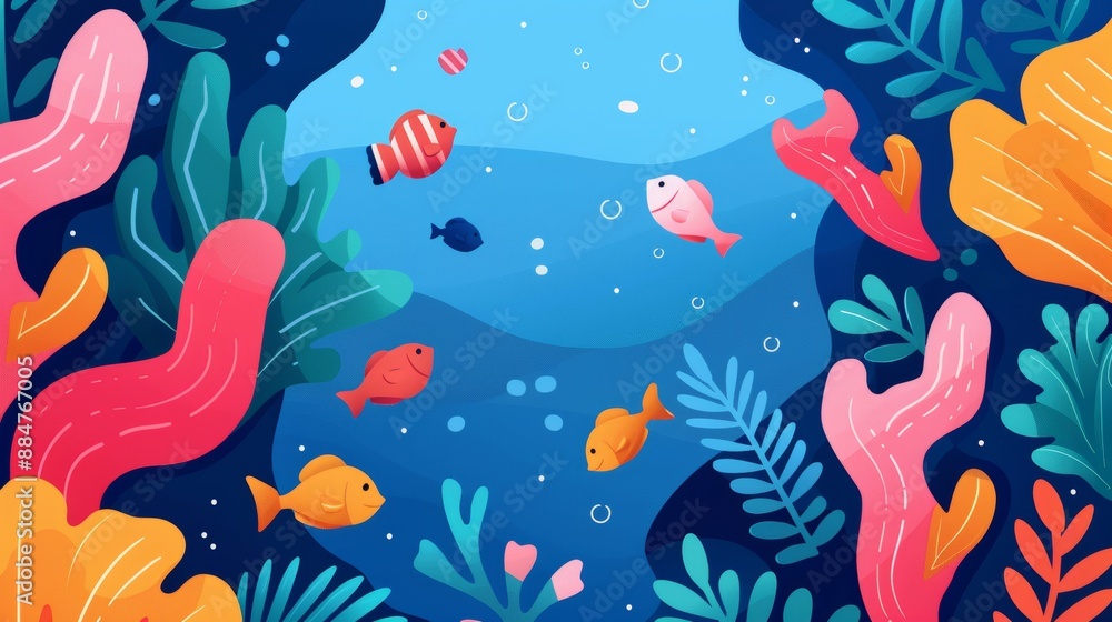 Coral reef ecosystem, vibrant underwater habitat teeming with marine life, illustrating the delicate interplay of species in this unique environment, flat design illustration Coral reef ecosystem, vibrant underwater habitat teeming with marine life, illustrating the delicate interplay of species in this unique environment, flat design illustration