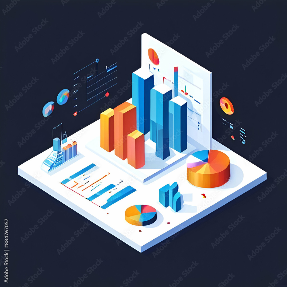 an isometric illustration of a man in a business suit standing in front of a chart. The man has long, dark hair and is holding a magnifying glass to examine the chart. The chart has lines, graphs, and an isometric illustration of a man in a business suit standing in front of a chart. The man has long, dark hair and is holding a magnifying glass to examine the chart. The chart has lines, graphs, and