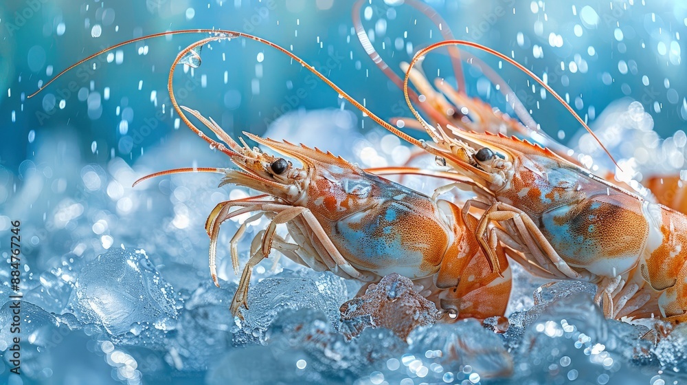 Freshly caught raw tiger prawns on ice, highlighting freshness and culinary delight Freshly caught raw tiger prawns on ice, highlighting freshness and culinary delight
