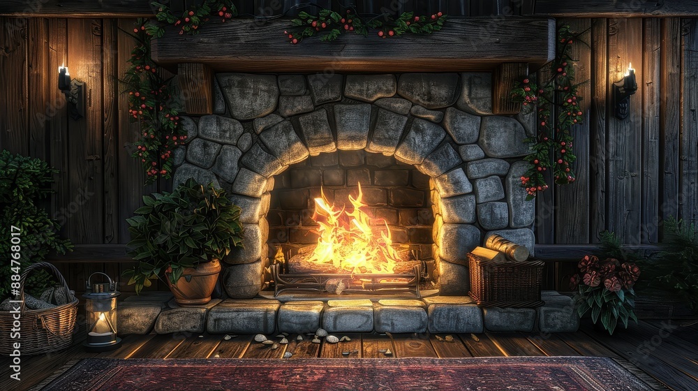 Fireplace with stonewall surround, crackling fire creating a warm, homely ambiance Fireplace with stonewall surround, crackling fire creating a warm, homely ambiance