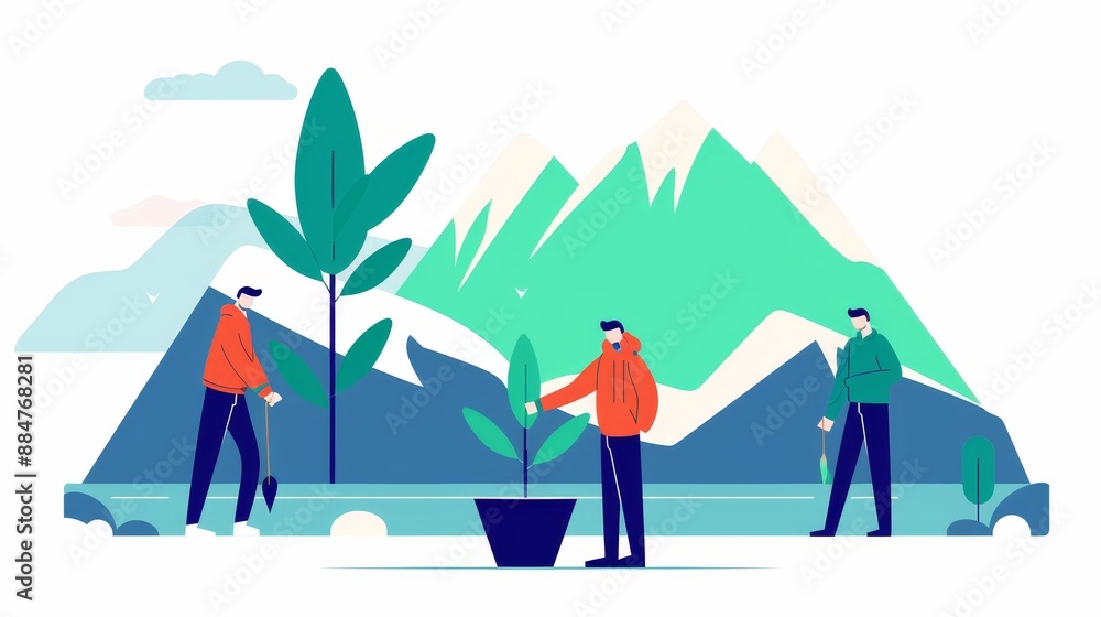 Ecologists and conservationists collaborating, implementing sustainable practices in a national park, demonstrating the integration of employment and environmental care, flat design illustration Ecologists and conservationists collaborating, implementing sustainable practices in a national park, demonstrating the integration of employment and environmental care, flat design illustration