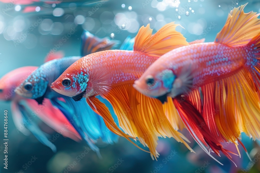 Fototapeta premium Colorful Betta Fish Group in Stylish Attire for Birthday Party Invite with Copy Space on Solid Background