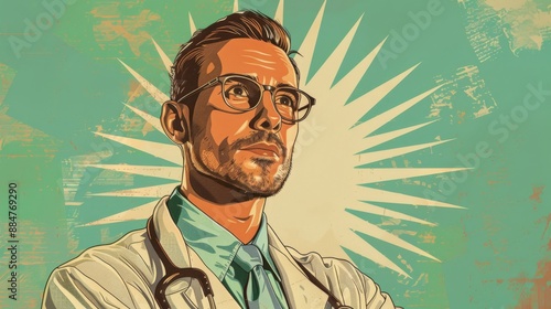 Vintage-poster vector art of a portrait of a man with a stethoscope around neck, set against a green sunburst pattern background, clean smooth vintage art, flat 2d illustration art 