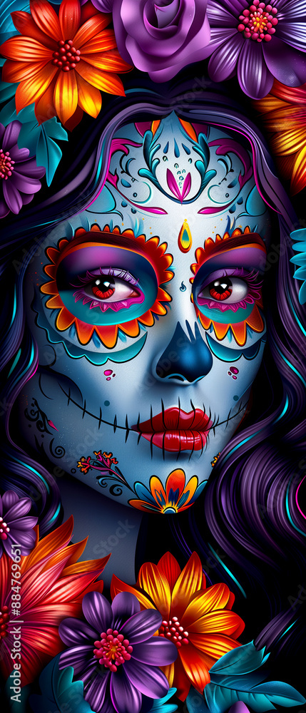 Naklejka premium A woman's face is painted with a skull and flowers. The skull is blue and the flowers are purple, orange, and yellow. The woman's eyes are closed and she has a red lip