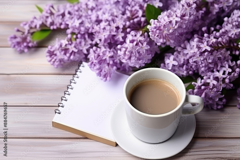 generated illustration of notepad, pencils, lilac flower and a cup of coffee on a wooden desk generated illustration of notepad, pencils, lilac flower and a cup of coffee on a wooden desk