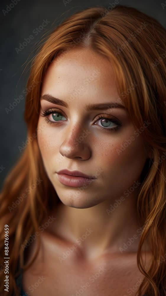 Close-up portrait of a red-haired woman with freckles against dark background. Her piercing eyes and freckles are in sharp focus Close-up portrait of a red-haired woman with freckles against dark background. Her piercing eyes and freckles are in sharp focus