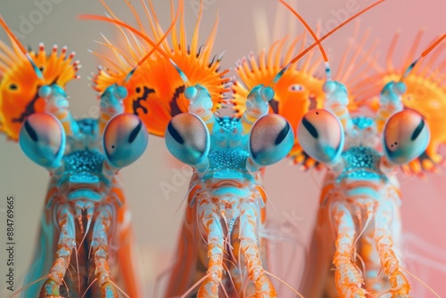 Vibrant Mantis Shrimp Group in Fashionable Outfits, Isolated on Solid Background with Copy Space - Perfect for Advertisements, Birthday Party Invites photo