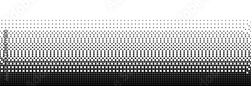 Pixelated bitmap gradient texture. Black and white dither pattern background. 8 bit video game screen wallpaper. Retro glitchy pixel art illustration. Abstract wide dithering horizontal border. Vector