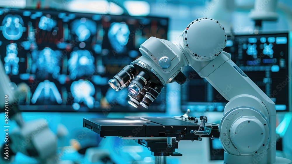 High-tech robotic microscope in a modern laboratory with medical imaging equipment in the background. High-tech robotic microscope in a modern laboratory with medical imaging equipment in the background.