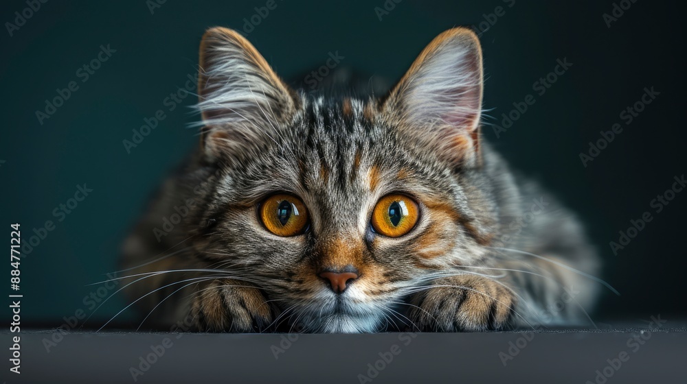 A beautiful gray striped Scottish cat with striking yellow eyes, sitting majestically against a dark background A beautiful gray striped Scottish cat with striking yellow eyes, sitting majestically against a dark background