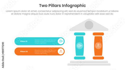 two pillars framework with ancient classic construction infographic with 2 point stage template with right pillars and round rectangle description box for slide presentation
