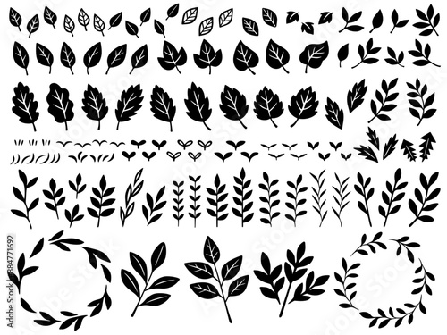 手描き風の植物と葉のシルエットイラストセット