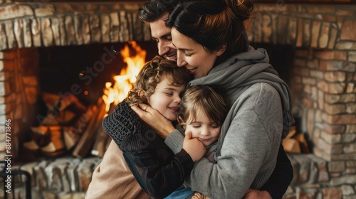 Family coziness by the fireplace on a cold winter day photo